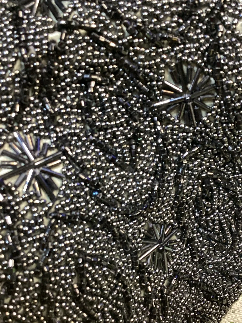 Vintage Black Beaded Evening Clutch with Gold Chain Handmade Hong Kong Kiss Lock